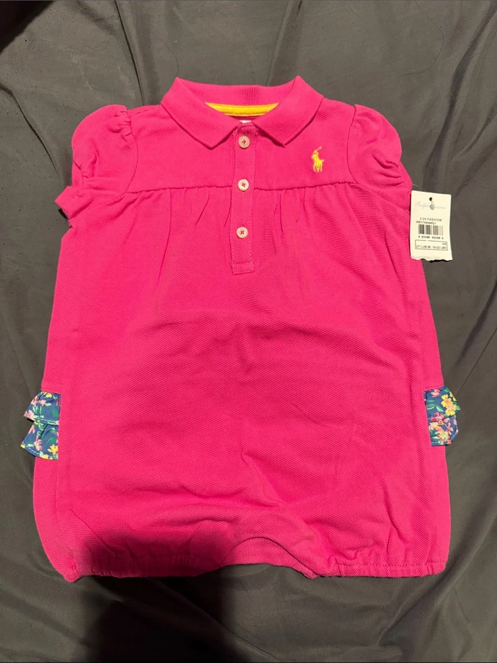Ralph Lauren Hot Pink Polo Bubble Romper with Yellow logo with floral ruffle